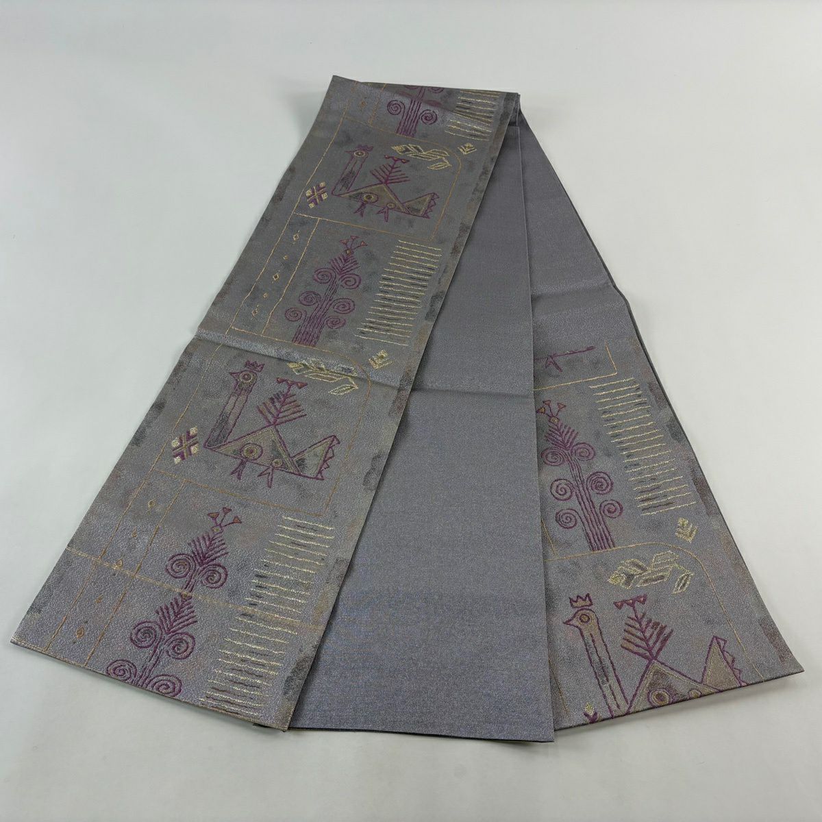 【美品】 袋帶 逸品級 帝王紫 落款 鳥 幾何學 金絲 金金箔 灰紫 六通 純蠶絲