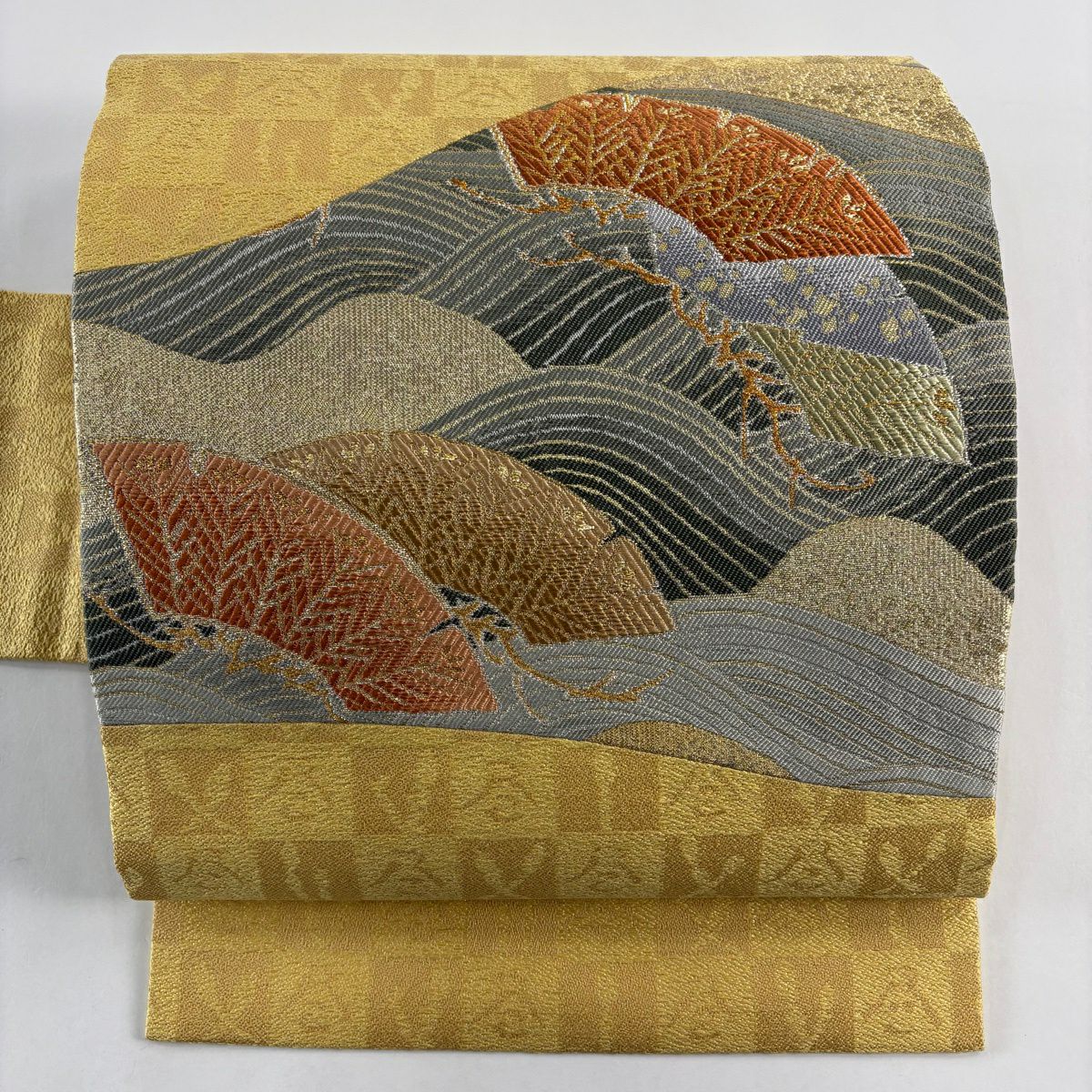 【美品】名古屋帶 逸品級 笠松樹 波 金銀絲 黃色 純蠶絲