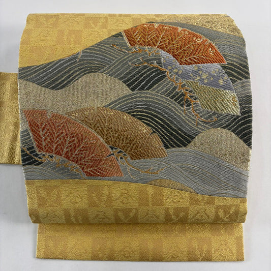 【美品】名古屋帶 逸品級 笠松樹 波 金銀絲 黃色 純蠶絲