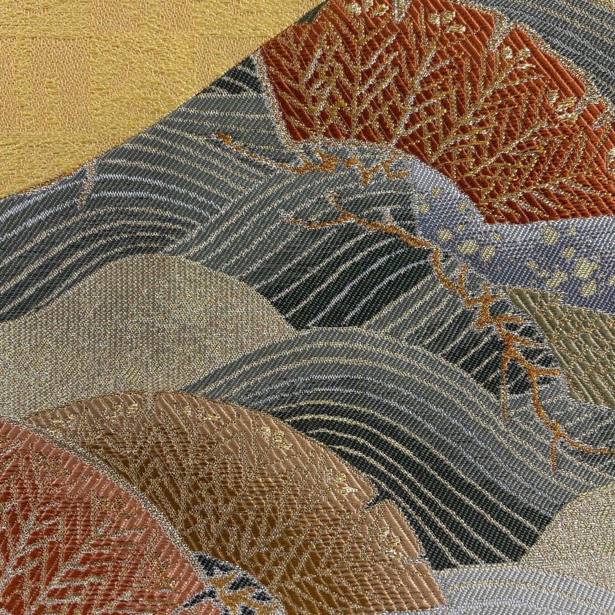 【美品】名古屋帶 逸品級 笠松樹 波 金銀絲 黃色 純蠶絲