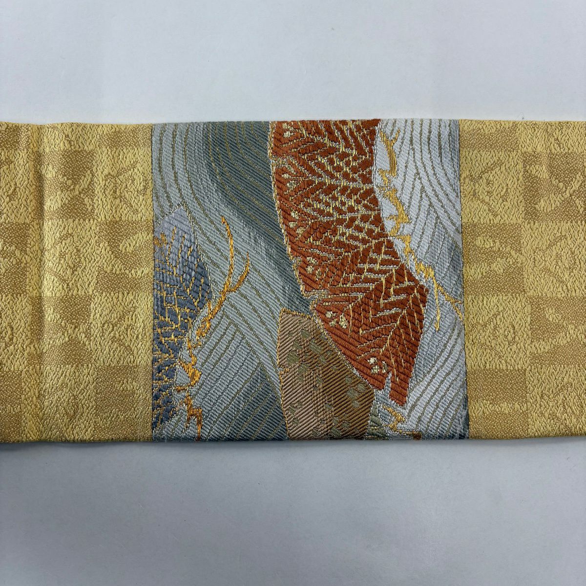 【美品】名古屋帶 逸品級 笠松樹 波 金銀絲 黃色 純蠶絲