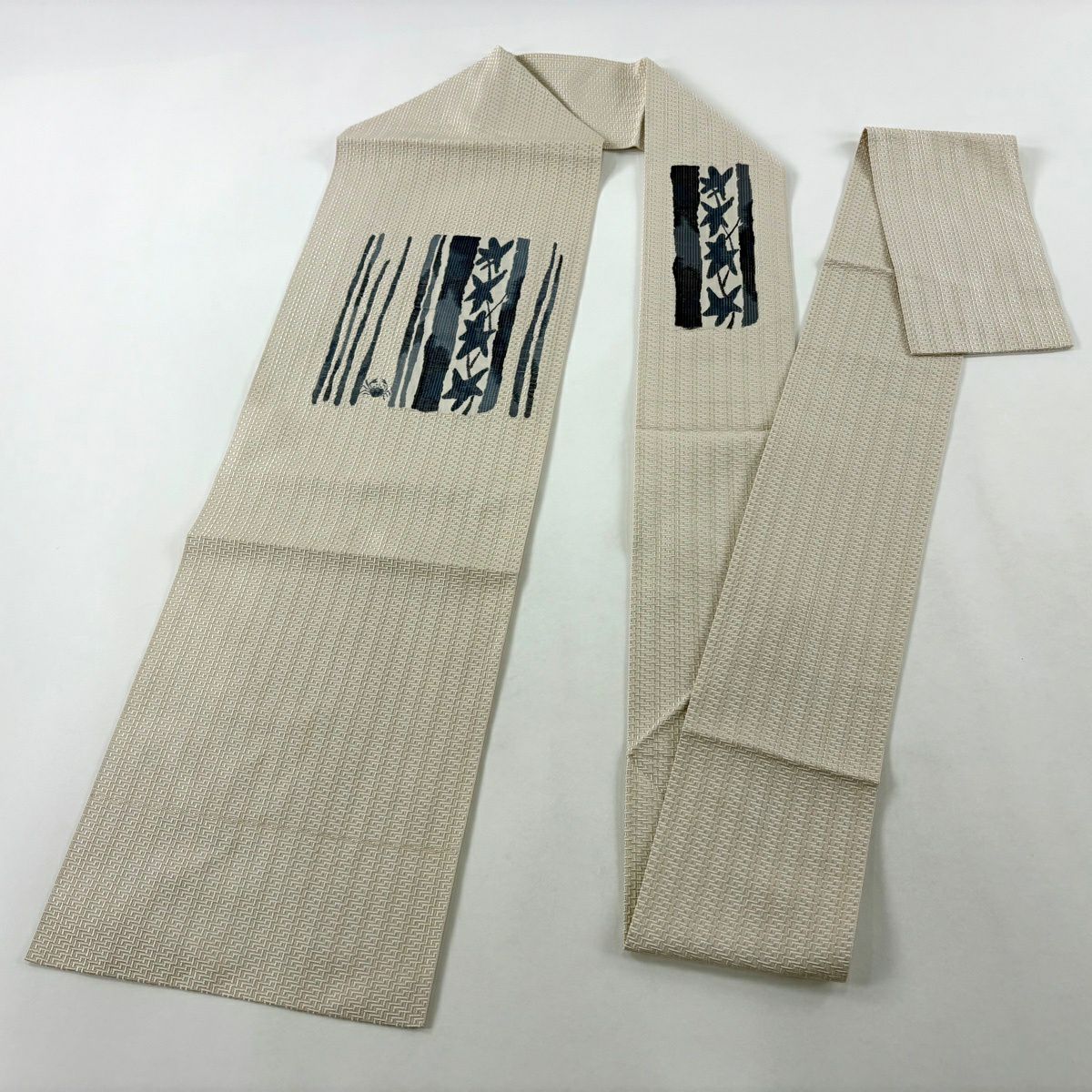 名古屋帶 逸品級 蟹 葉紋 米色 純蠶絲