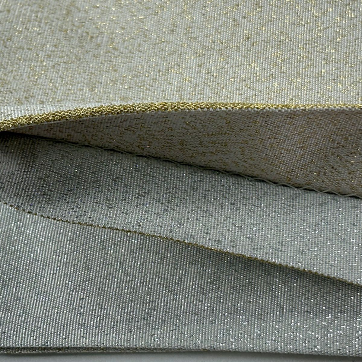 【美品】 袋帶 逸品級 雙面 山脈 樹木 金銀線 米色 大鼓圖案 純蠶絲