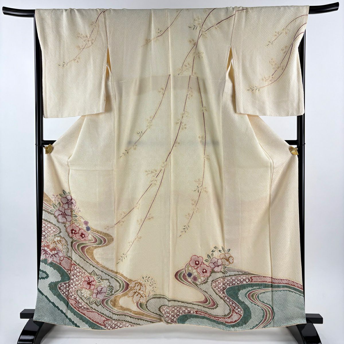 訪問服 身長162cm 袖長69cm L 雙層 大和 梅花 流水 絞染 金彩裝飾 米色 純蠶絲 逸品級