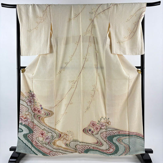 訪問服 身長162cm 袖長69cm L 雙層 大和 梅花 流水 絞染 金彩裝飾 米色 純蠶絲 逸品級
