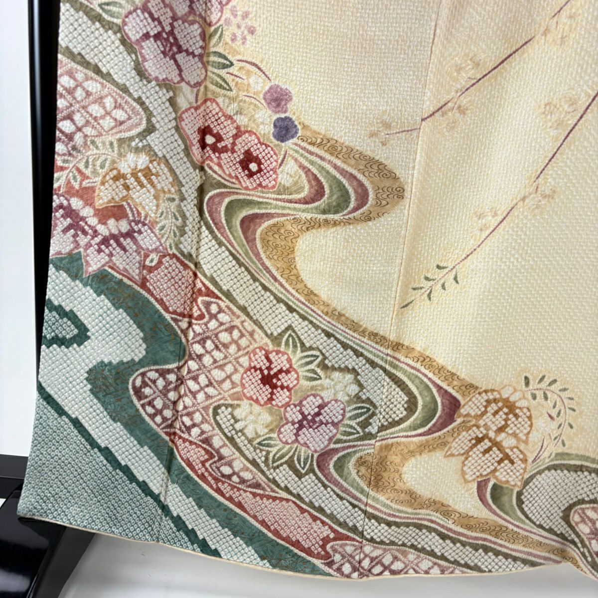 訪問服 身長162cm 袖長69cm L 雙層 大和 梅花 流水 絞染 金彩裝飾 米色 純蠶絲 逸品級