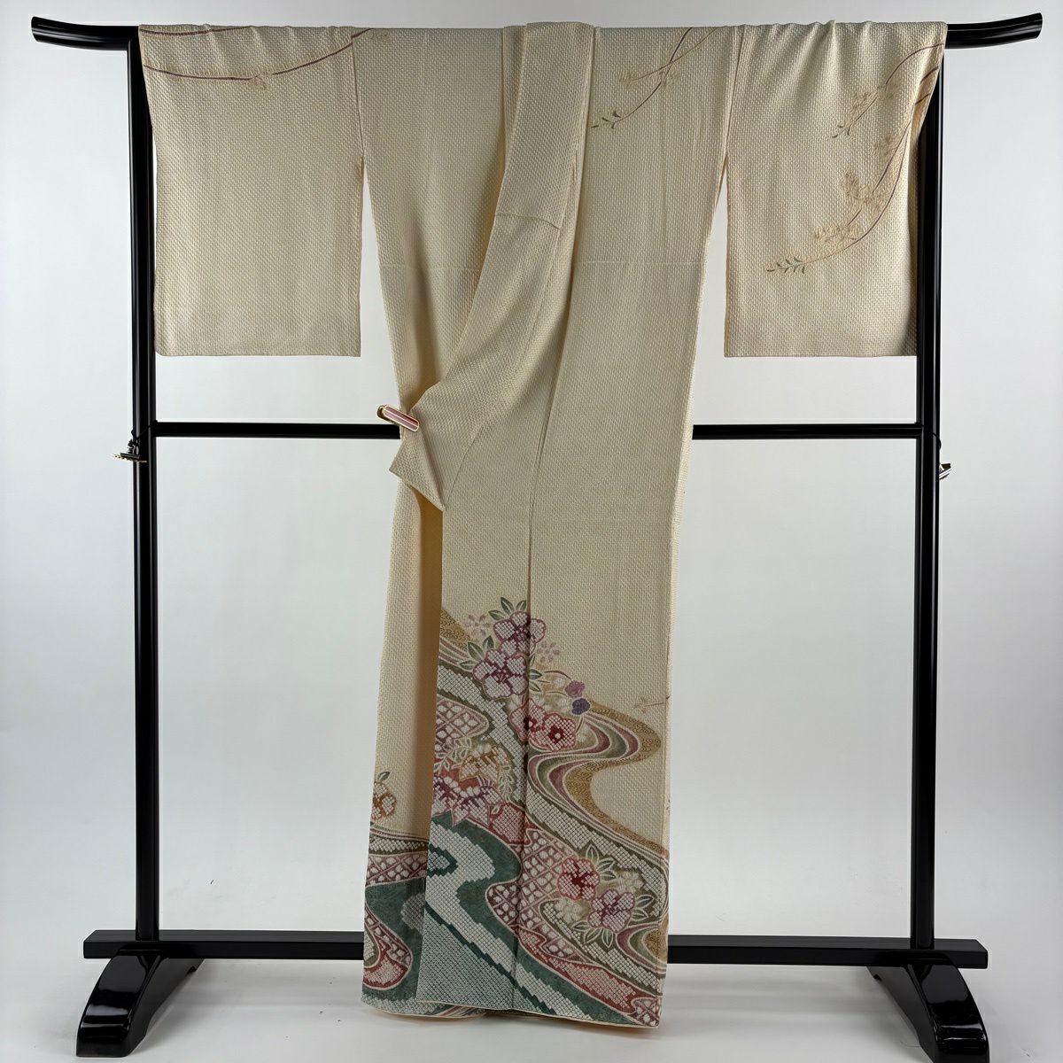 訪問服 身長162cm 袖長69cm L 雙層 大和 梅花 流水 絞染 金彩裝飾 米色 純蠶絲 逸品級