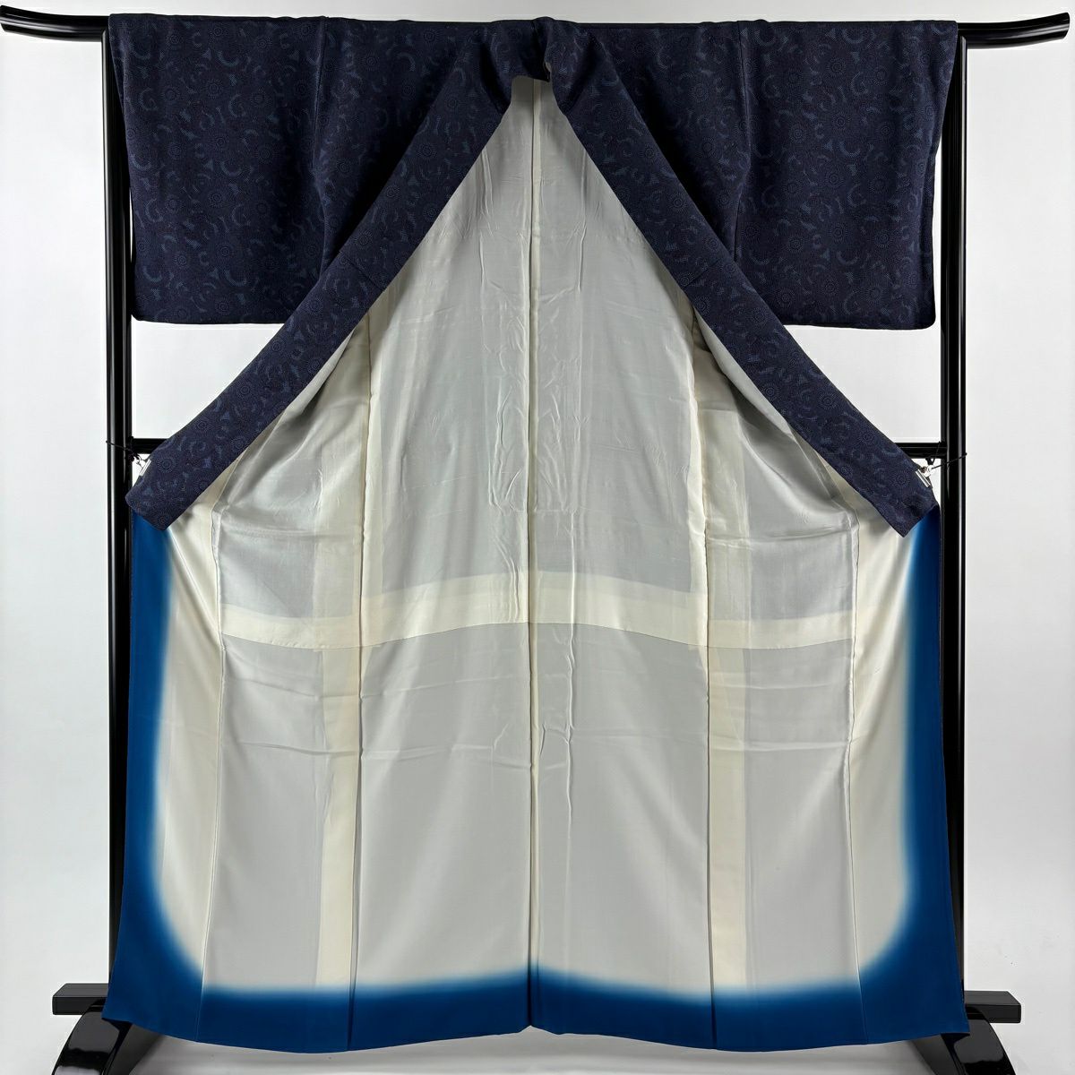 江戶小紋 身長164cm 袖長64.5cm M 雙層 人間國寶 中村勇二郎 落款あり 古代菊花 深藍 純蠶絲 逸品級