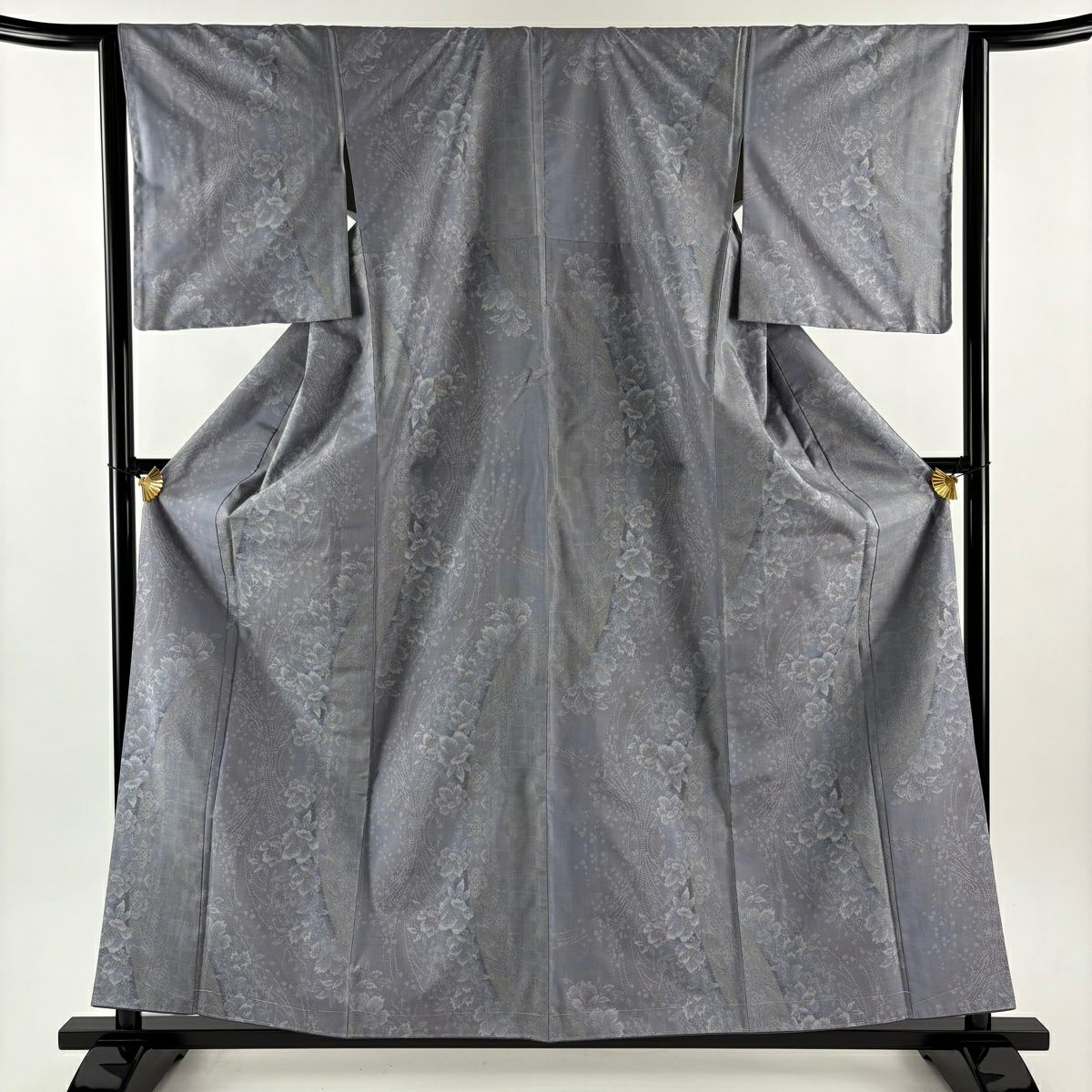 【美品】 大島紬織 身長159.5cm 袖長63.5cm S 雙層 都喜ヱ門 證書附帶 草花紋紋 市松樹 灰紫 純蠶絲 逸品級