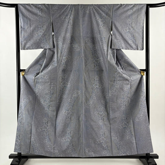 【美品】 大島紬織 身長159.5cm 袖長63.5cm S 雙層 都喜ヱ門 證書附帶 草花紋紋 市松樹 灰紫 純蠶絲 逸品級