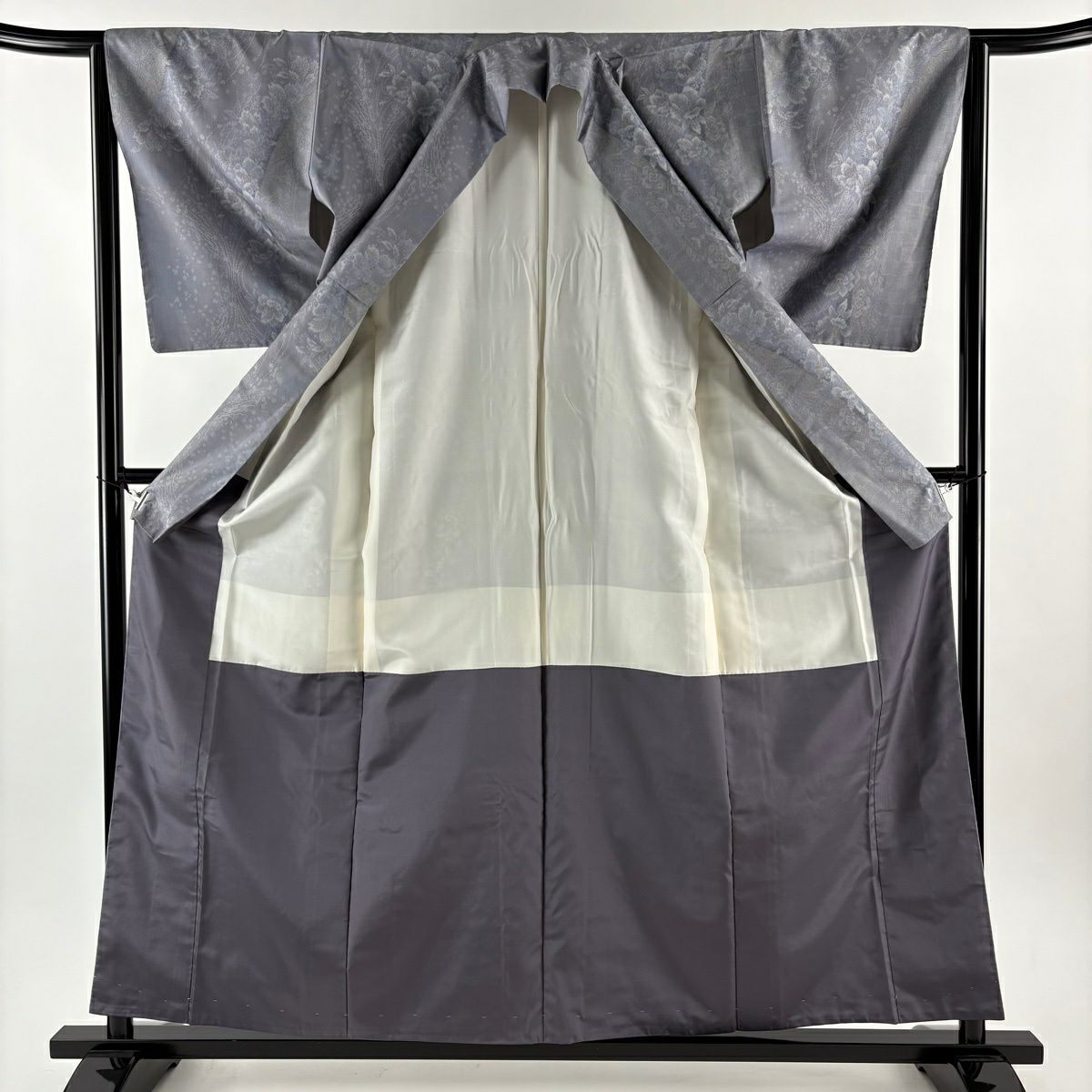 【美品】 大島紬織 身長159.5cm 袖長63.5cm S 雙層 都喜ヱ門 證書附帶 草花紋紋 市松樹 灰紫 純蠶絲 逸品級