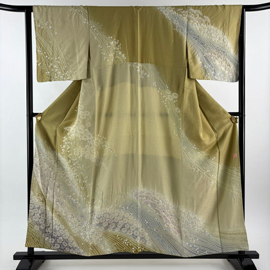 【美品】訪問服 身長157cm 袖長64cm M 雙層 滝泰 落款あり 草花紋紋 波 銀糸 絞染 米色 純蠶絲 逸品級
