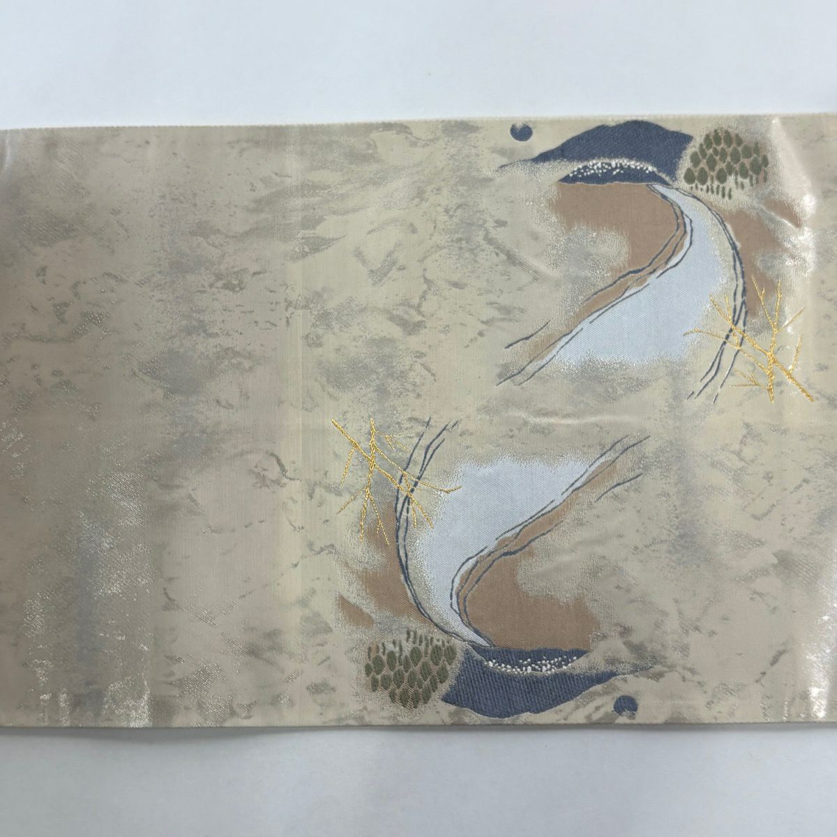 【美品】 袋帶 秀品級 落款あり 文字文 樹木 金銀絲 金金箔 奶油色 お太鼓柄 純蠶絲