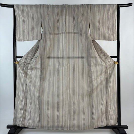 【美品】 小紋 身長163.5cm 袖長65.5cm M 薄款 夏紬織地 可洗和服 條紋 幾何學 薄小豆 化纖 優品級