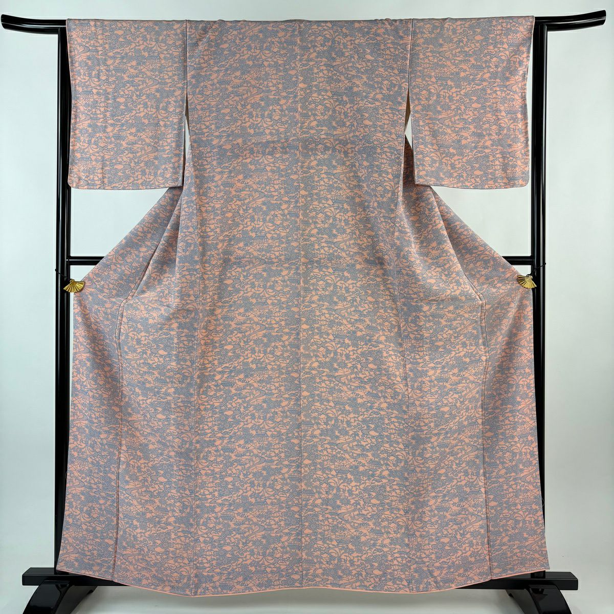 【美品】 小紋 身長158.5cm 袖長64.5cm M 雙層 建物 草花紋紋 粉紅 純蠶絲 優品級