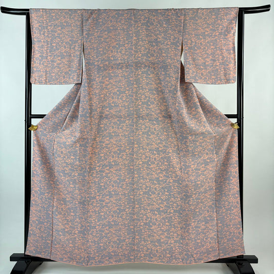 【美品】 小紋 身長158.5cm 袖長64.5cm M 雙層 建物 草花紋紋 粉紅 純蠶絲 優品級