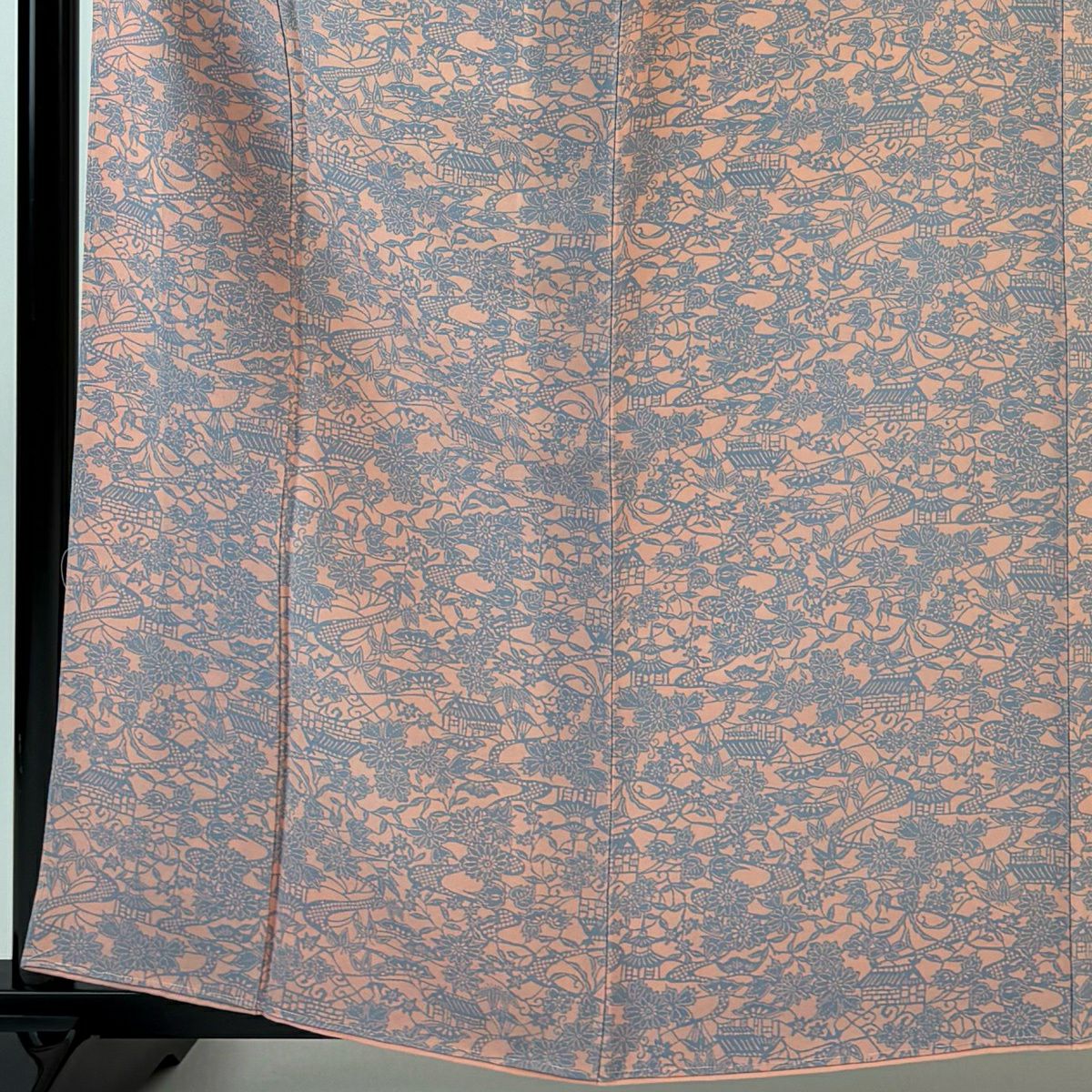 【美品】 小紋 身長158.5cm 袖長64.5cm M 雙層 建物 草花紋紋 粉紅 純蠶絲 優品級