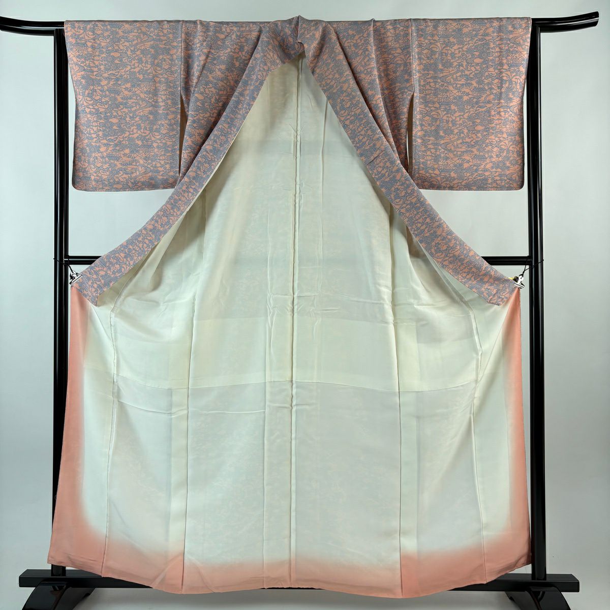 【美品】 小紋 身長158.5cm 袖長64.5cm M 雙層 建物 草花紋紋 粉紅 純蠶絲 優品級