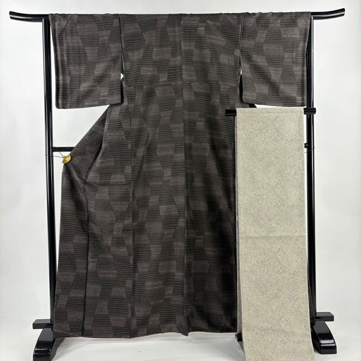 【美品】 小紋 身長165cm 袖長64.5cm M 雙層 袋帶套裝 縞地紋 墨 黑 純蠶絲 秀品級