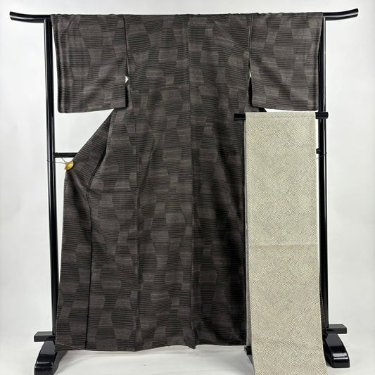 【美品】 小紋 身長165cm 袖長64.5cm M 雙層 袋帶套裝 縞地紋 墨 黑 純蠶絲 秀品級