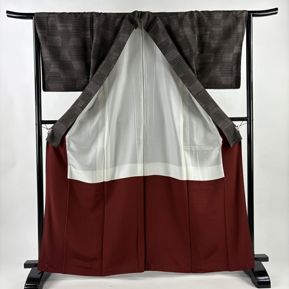 【美品】 小紋 身長165cm 袖長64.5cm M 雙層 袋帶套裝 縞地紋 墨 黑 純蠶絲 秀品級