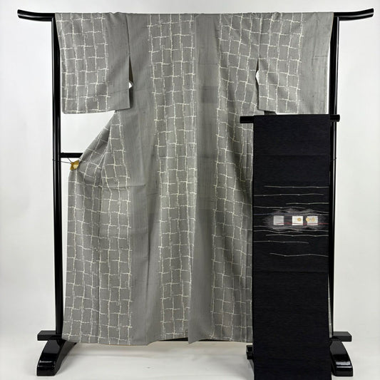 【美品】 小紋 身長161cm 袖長64.5cm M 雙層 名古屋帶套裝 紬織織 幾何學條紋 灰色 純蠶絲 優品級