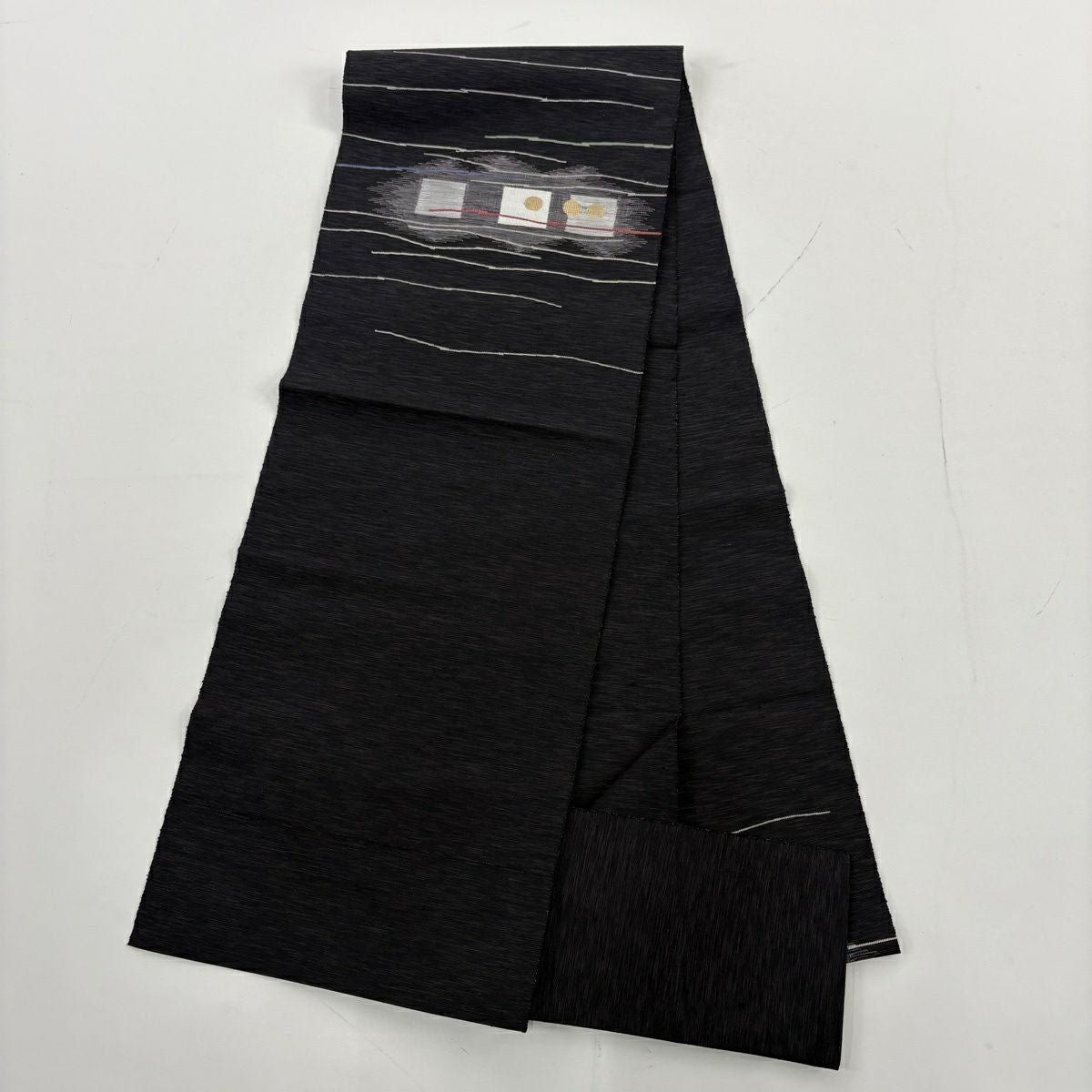 【美品】 小紋 身長161cm 袖長64.5cm M 雙層 名古屋帶套裝 紬織織 幾何學條紋 灰色 純蠶絲 優品級