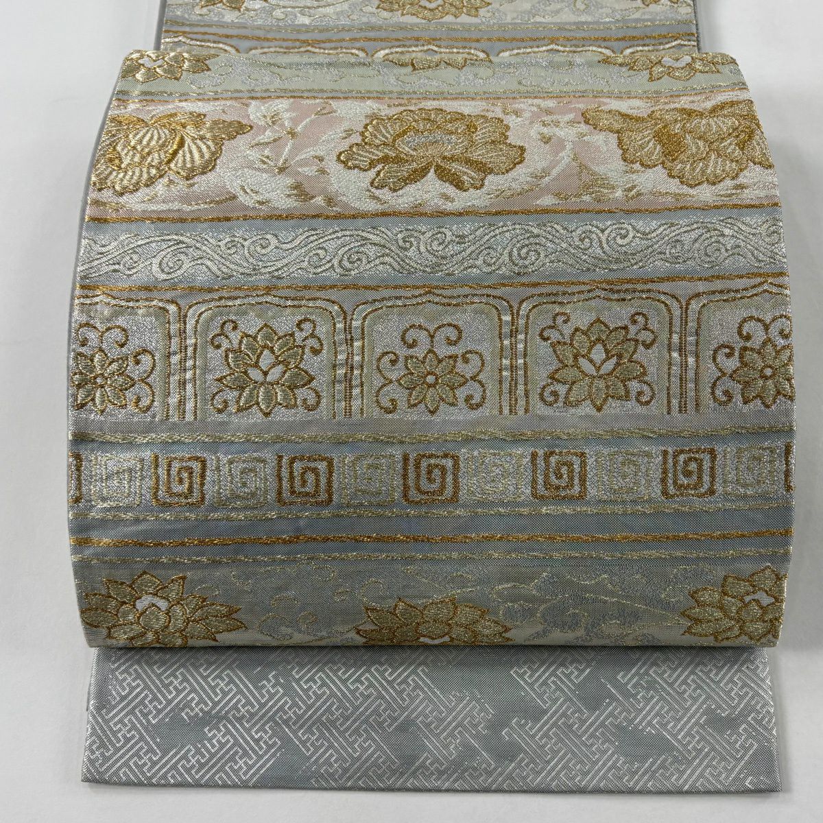 【美品】 袋帶 秀品級 花唐草紋 段紋 金銀絲 金金箔 灰 深藍 六通 純蠶絲