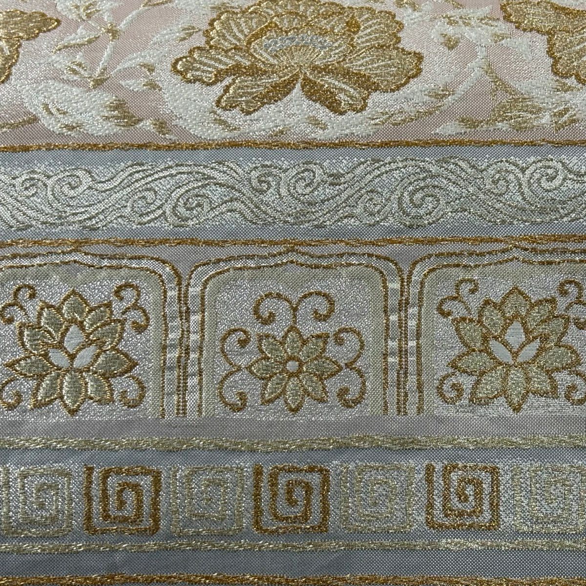 【美品】 袋帶 秀品級 花唐草紋 段紋 金銀絲 金金箔 灰 深藍 六通 純蠶絲