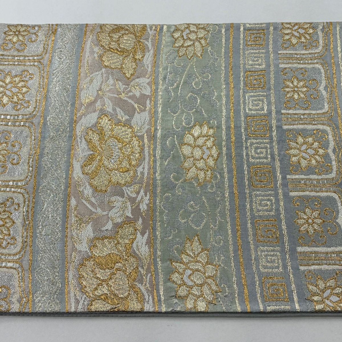 【美品】 袋帶 秀品級 花唐草紋 段紋 金銀絲 金金箔 灰 深藍 六通 純蠶絲