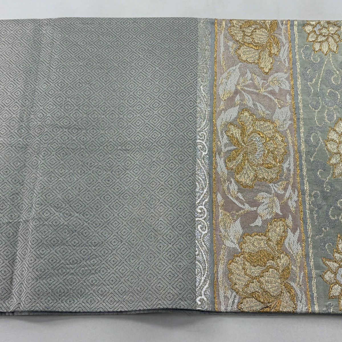 【美品】 袋帶 秀品級 花唐草紋 段紋 金銀絲 金金箔 灰 深藍 六通 純蠶絲