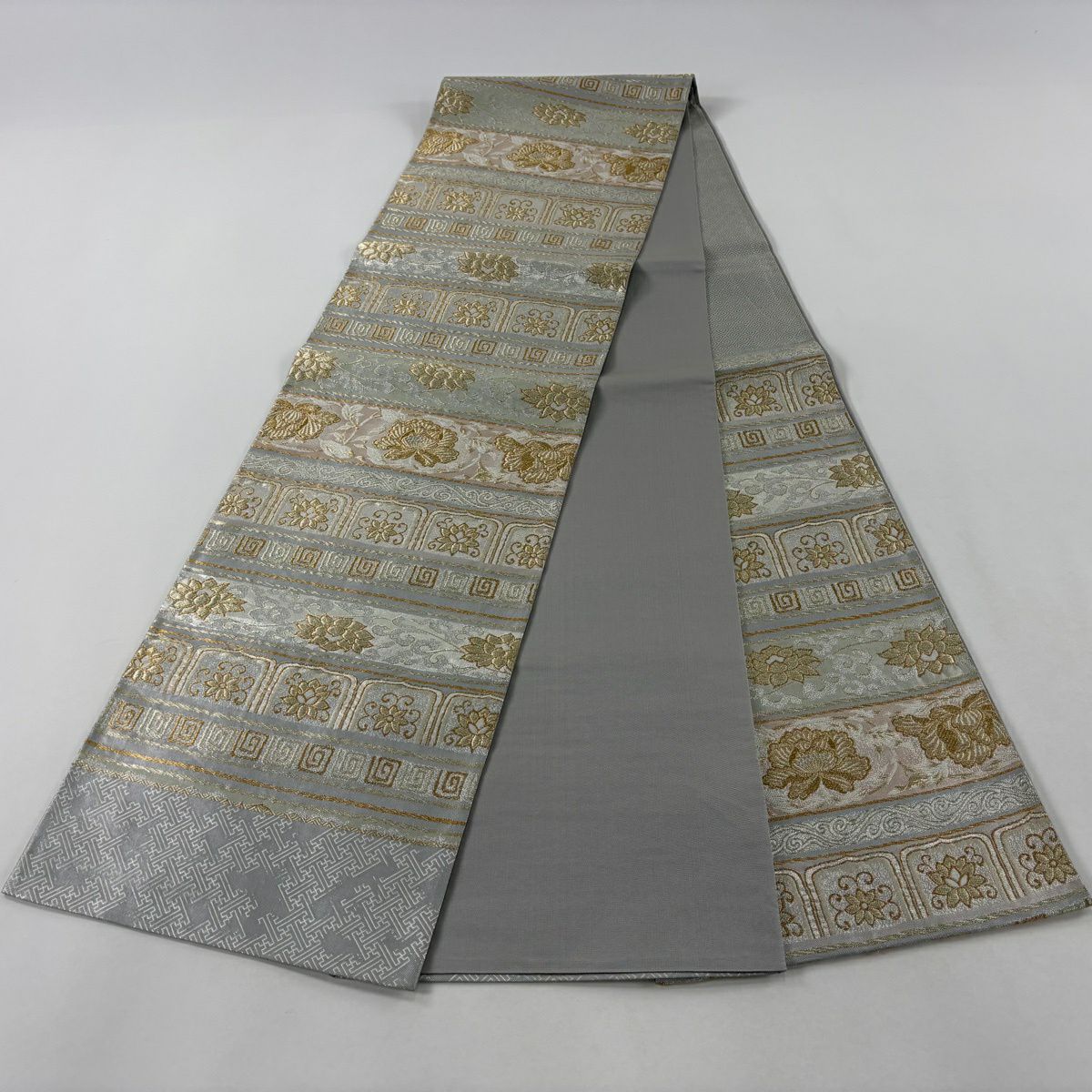 【美品】 袋帶 秀品級 花唐草紋 段紋 金銀絲 金金箔 灰 深藍 六通 純蠶絲