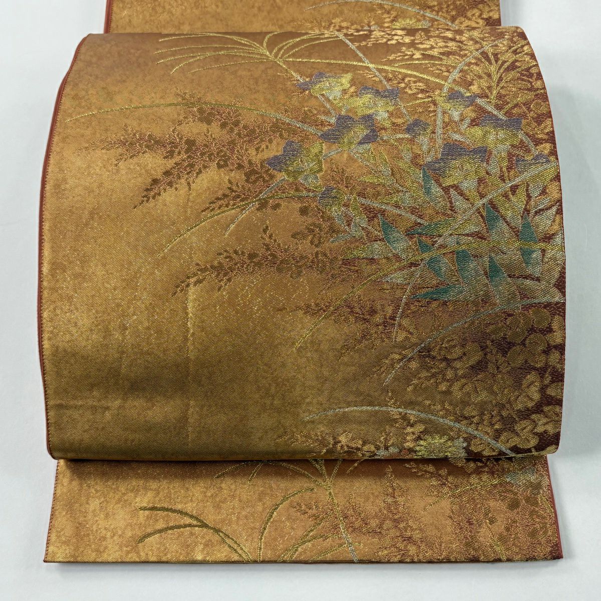 【美品】 袋帶 秀品級 じゅらく 落款あり 秋草 すすき 金金箔 金絲 橙色 六通 純蠶絲