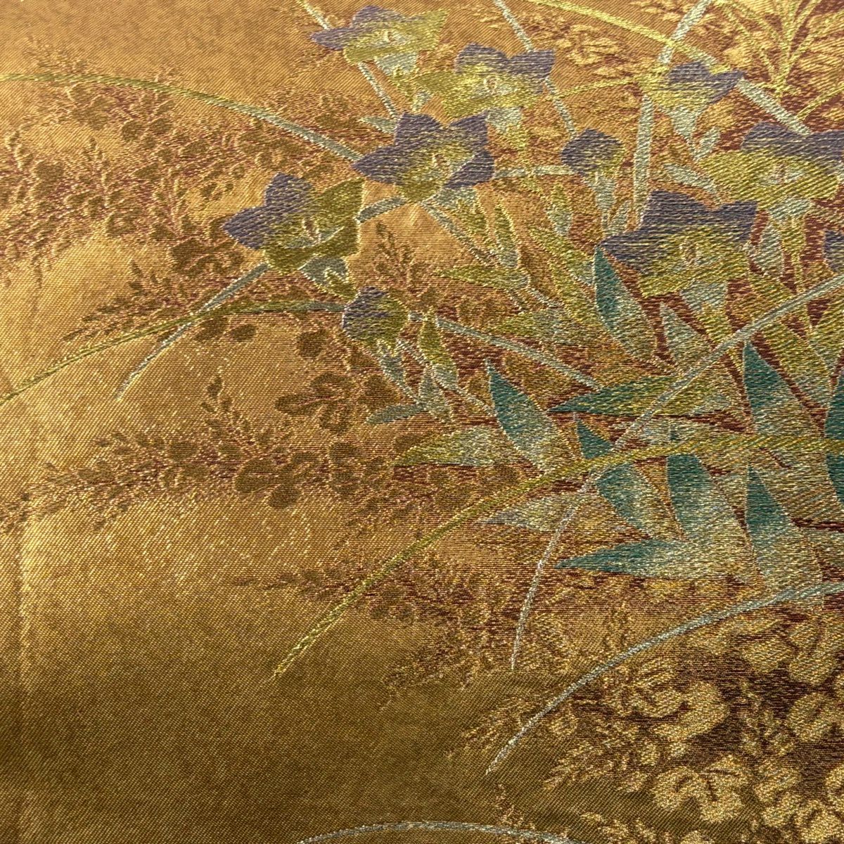 【美品】 袋帶 秀品級 じゅらく 落款あり 秋草 すすき 金金箔 金絲 橙色 六通 純蠶絲