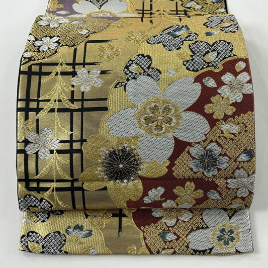 【美品】 袋帶 優品級 振袖禮服禮服用 櫻花 雪輪 金金箔 金銀彩 金色 六通 純蠶絲