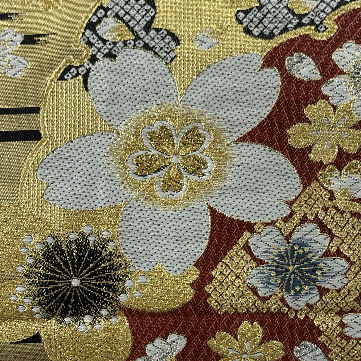 【美品】 袋帶 優品級 振袖禮服禮服用 櫻花 雪輪 金金箔 金銀彩 金色 六通 純蠶絲