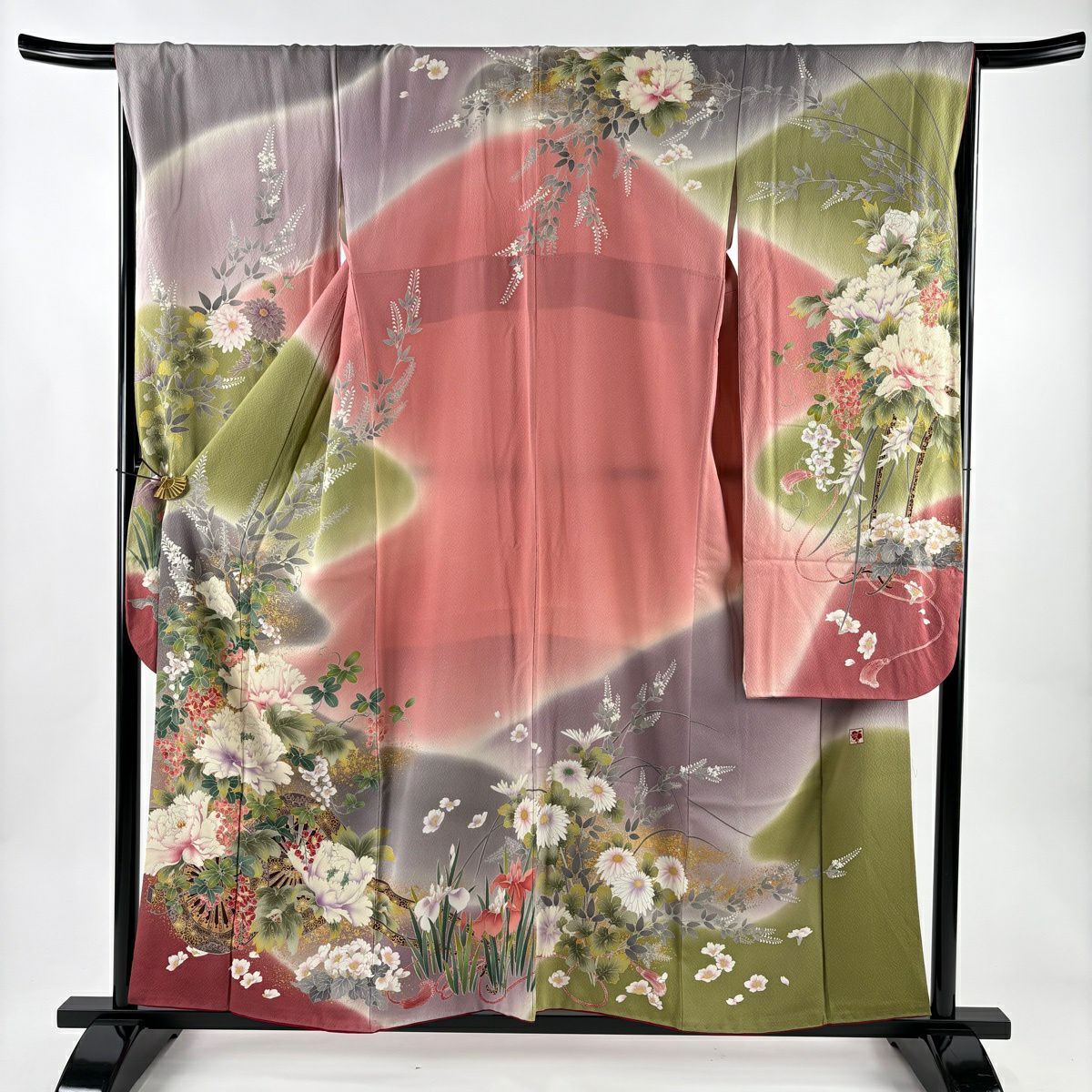 振袖禮服 身長157.5cm 袖長67cm M 雙層 落款 花車 牡丹 金銀彩 刺繡 粉紅 純蠶絲 名品級