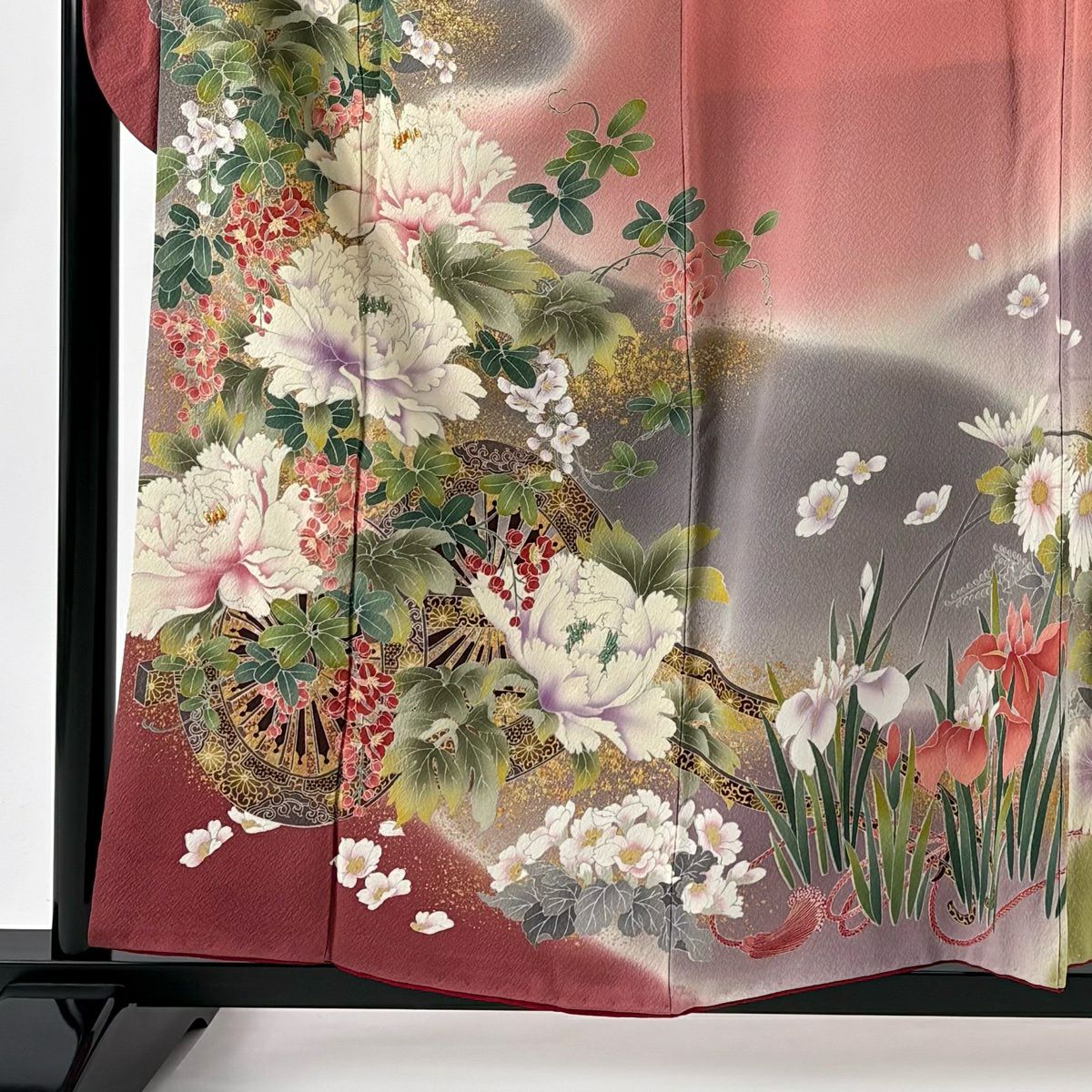 振袖禮服 身長157.5cm 袖長67cm M 雙層 落款 花車 牡丹 金銀彩 刺繡 粉紅 純蠶絲 名品級