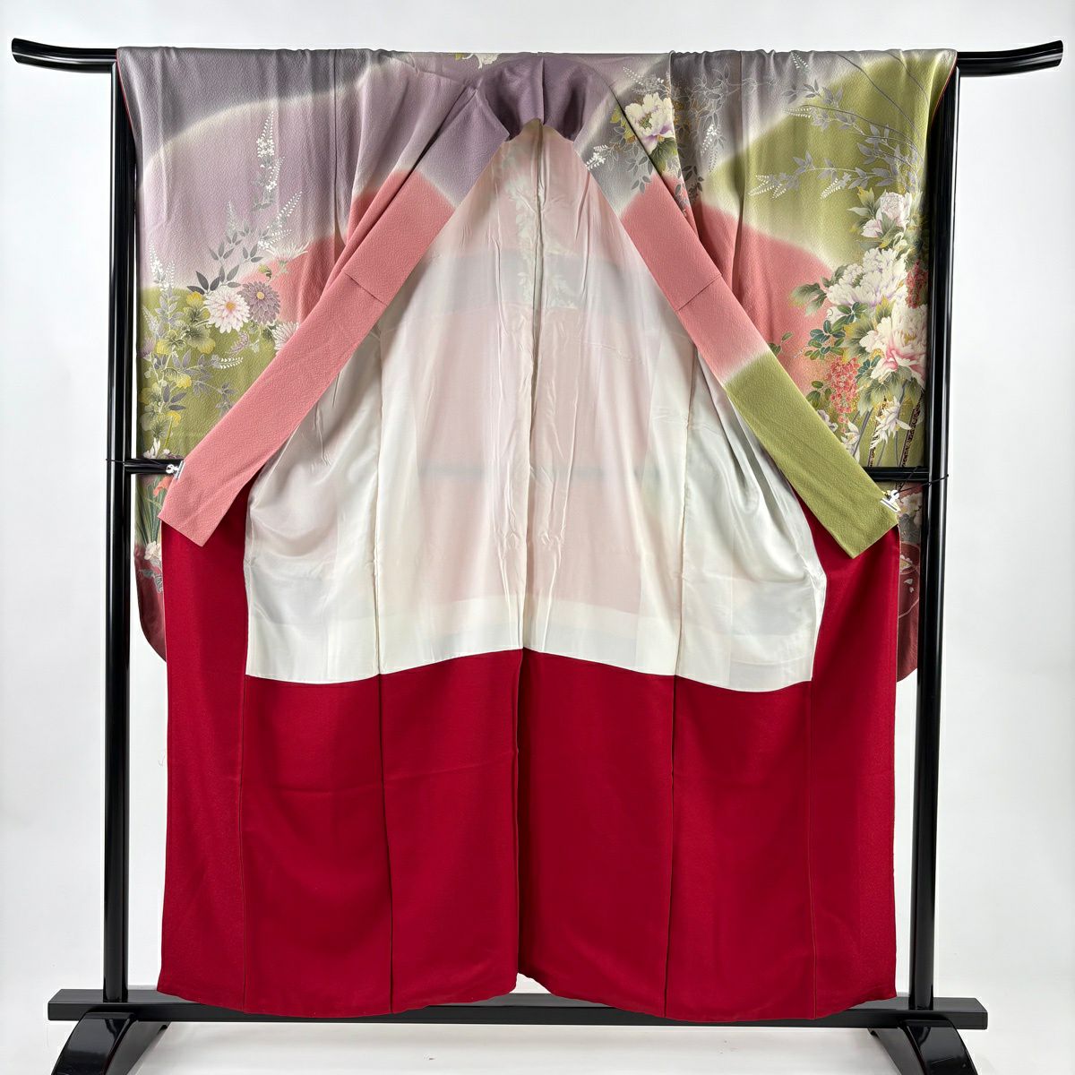 振袖禮服 身長157.5cm 袖長67cm M 雙層 落款 花車 牡丹 金銀彩 刺繡 粉紅 純蠶絲 名品級