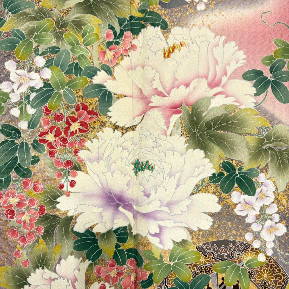 振袖禮服 身長157.5cm 袖長67cm M 雙層 落款 花車 牡丹 金銀彩 刺繡 粉紅 純蠶絲 名品級