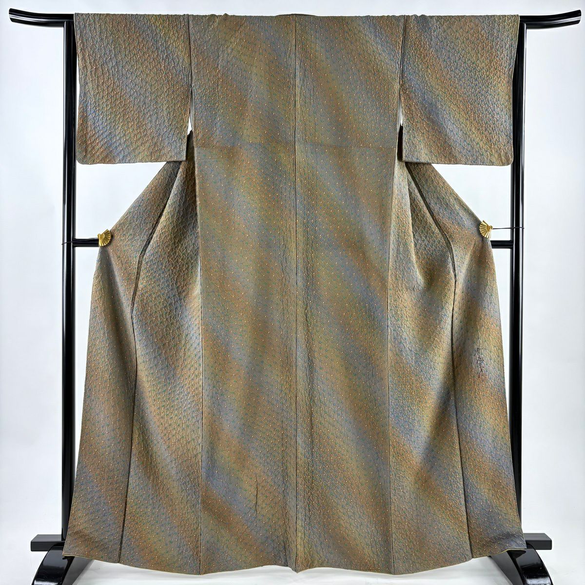 【美品】 小紋 身長164cm 袖長64.5cm M 雙層 斉藤三才 落款あり 幾何學 斜條 漸層 茶 純蠶絲 名品級