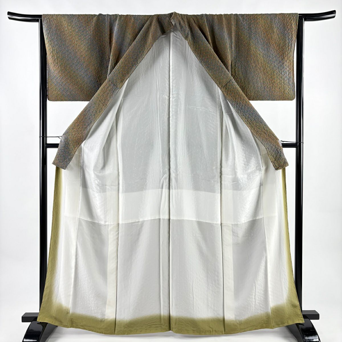 【美品】 小紋 身長164cm 袖長64.5cm M 雙層 斉藤三才 落款あり 幾何學 斜條 漸層 茶 純蠶絲 名品級