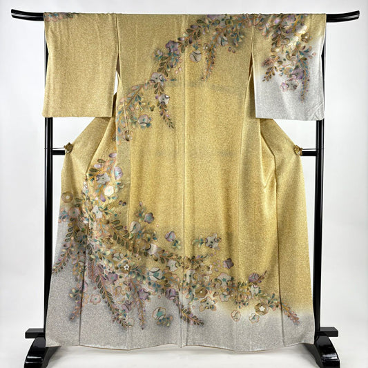 訪問服 身長163.5cm 袖長67cm M 雙層 辻花染 金銀彩 螺鈿 淺黃 純蠶絲 名品級
