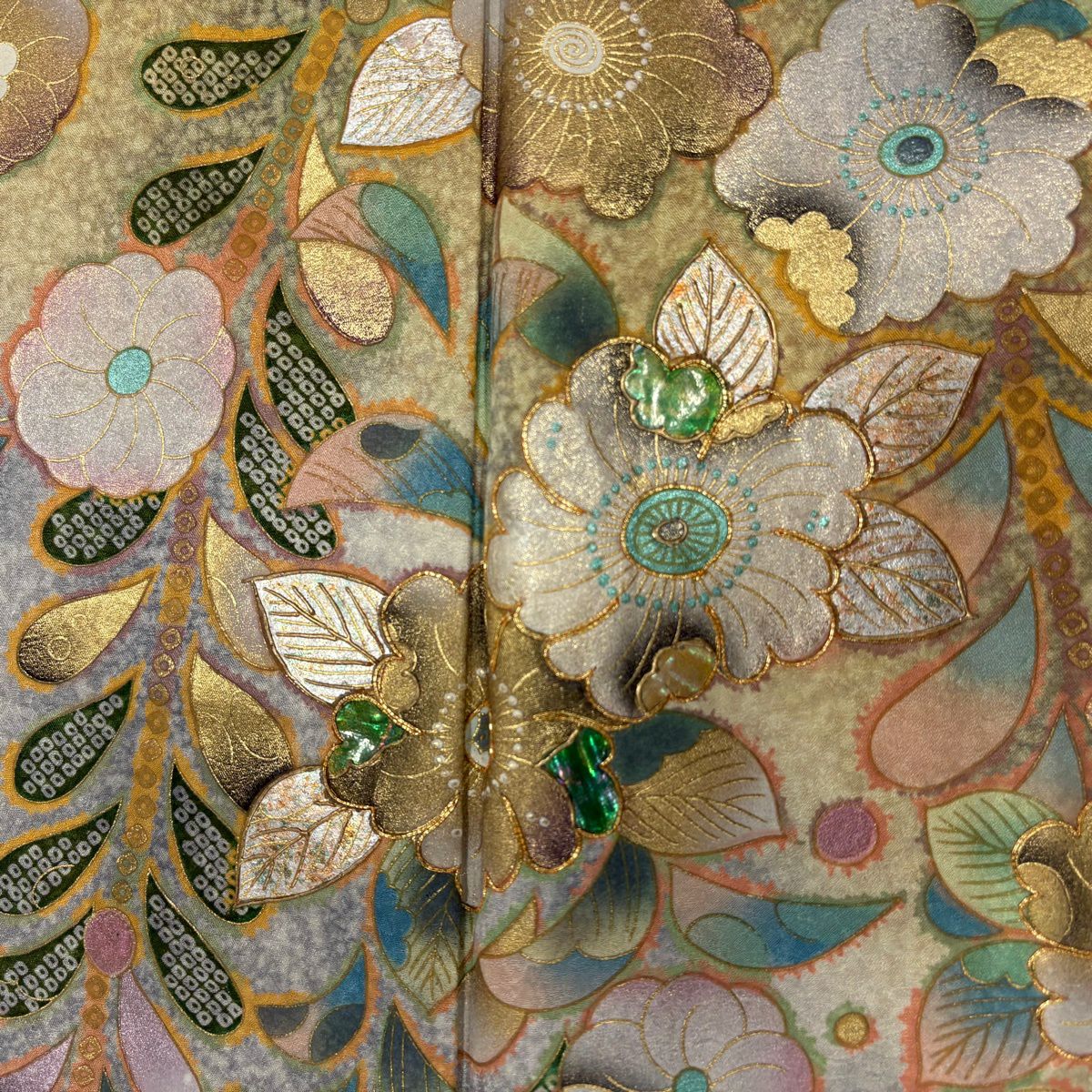 訪問服 身長163.5cm 袖長67cm M 雙層 辻花染 金銀彩 螺鈿 淺黃 純蠶絲 名品級