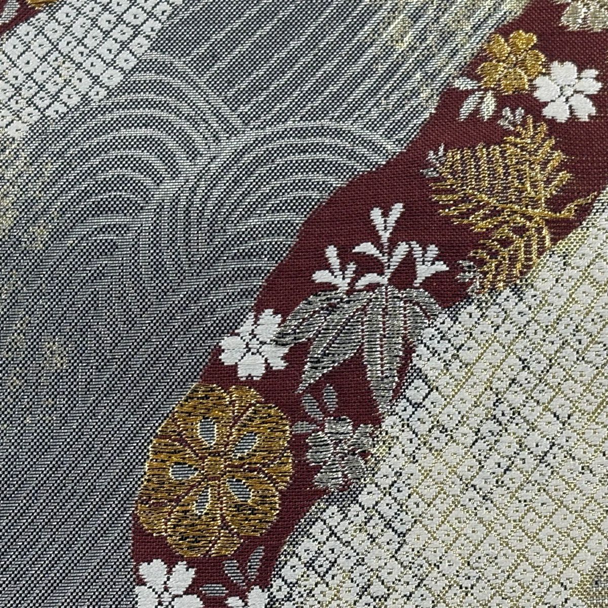 【美品】 袋帶 秀品級 松樹竹子梅花 波 金金箔 金銀彩 銀 六通 純蠶絲