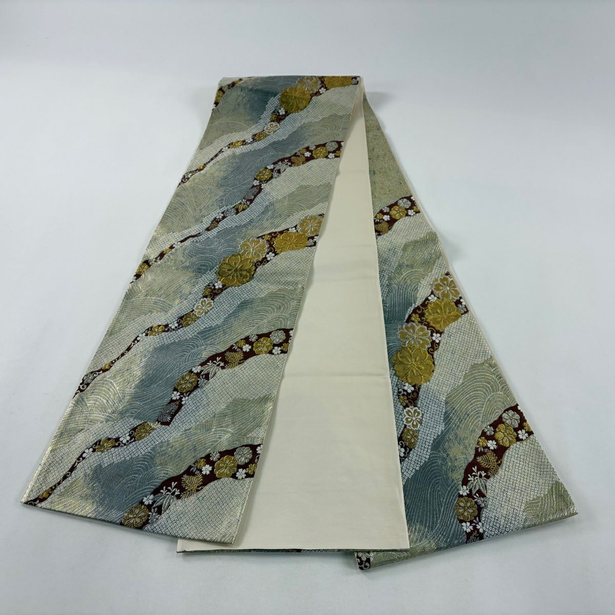 【美品】 袋帶 秀品級 松樹竹子梅花 波 金金箔 金銀彩 銀 六通 純蠶絲
