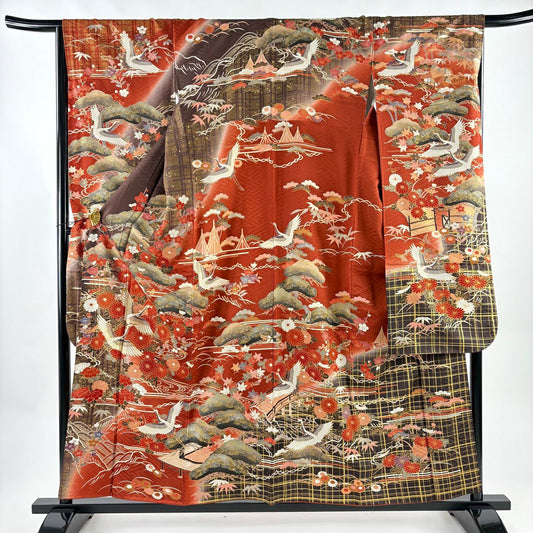 【美品】振袖禮服 身長158cm 袖長66cm M 雙層 仙鶴 松樹竹子梅花 金絲 金銀彩 紅茶 純蠶絲 名品級