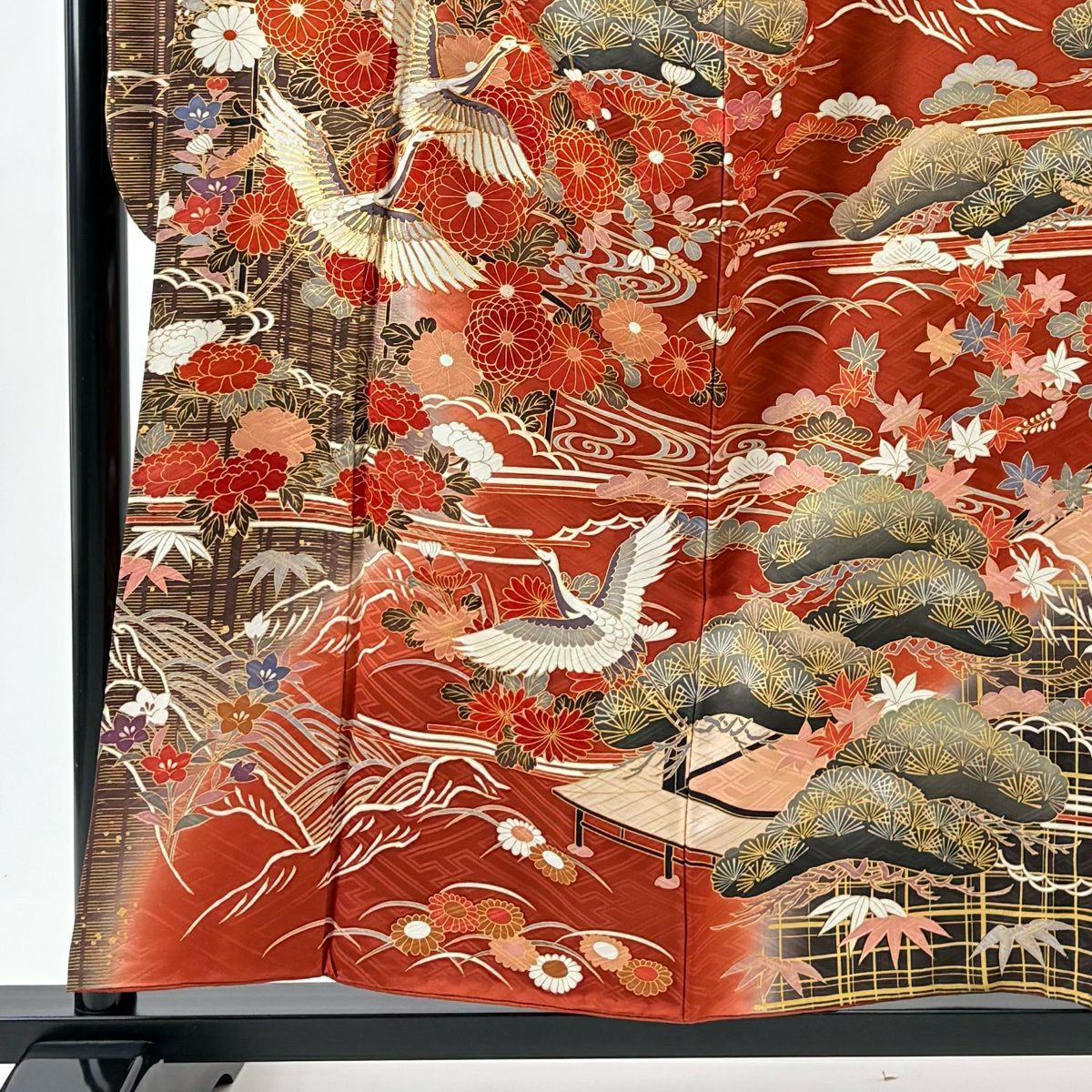 【美品】振袖禮服 身長158cm 袖長66cm M 雙層 仙鶴 松樹竹子梅花 金絲 金銀彩 紅茶 純蠶絲 名品級