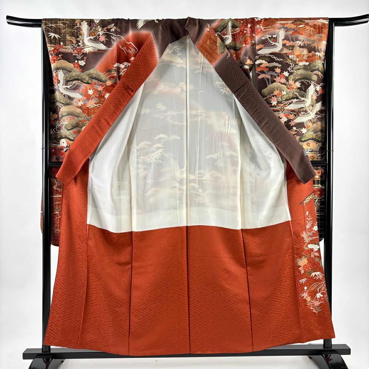 【美品】振袖禮服 身長158cm 袖長66cm M 雙層 仙鶴 松樹竹子梅花 金絲 金銀彩 紅茶 純蠶絲 名品級
