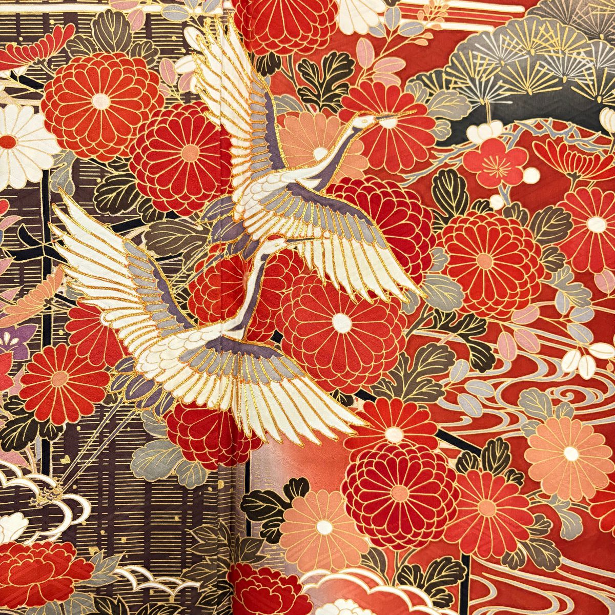 【美品】振袖禮服 身長158cm 袖長66cm M 雙層 仙鶴 松樹竹子梅花 金絲 金銀彩 紅茶 純蠶絲 名品級